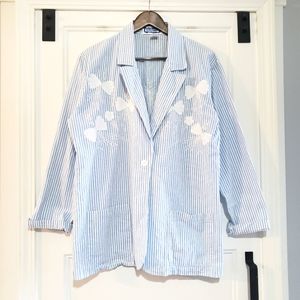 Kokomo Womens L Cotton Striped Applique Blazer Blue White 1 Button Casual Top